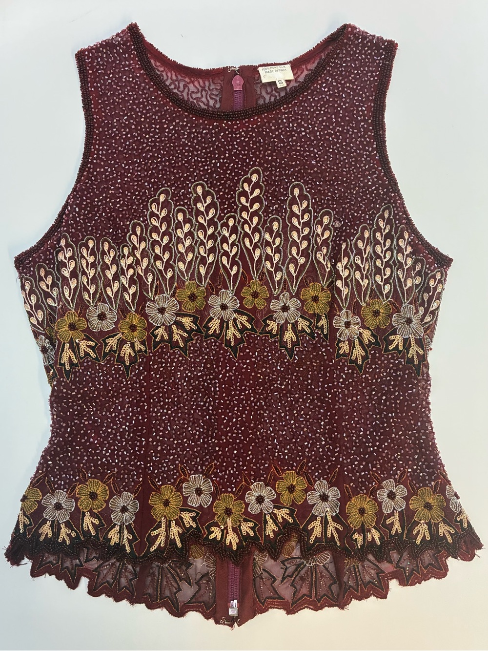 Heavily Beaded Sheer Silk floral top; Small; 100% Silk, Made in India.